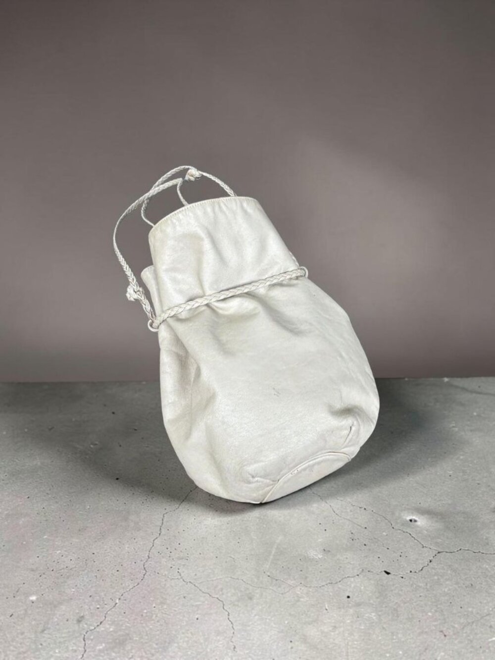 Vintage 90's Tan Beige Leather Drawstring Satchel Hobo Bag Braided Strap